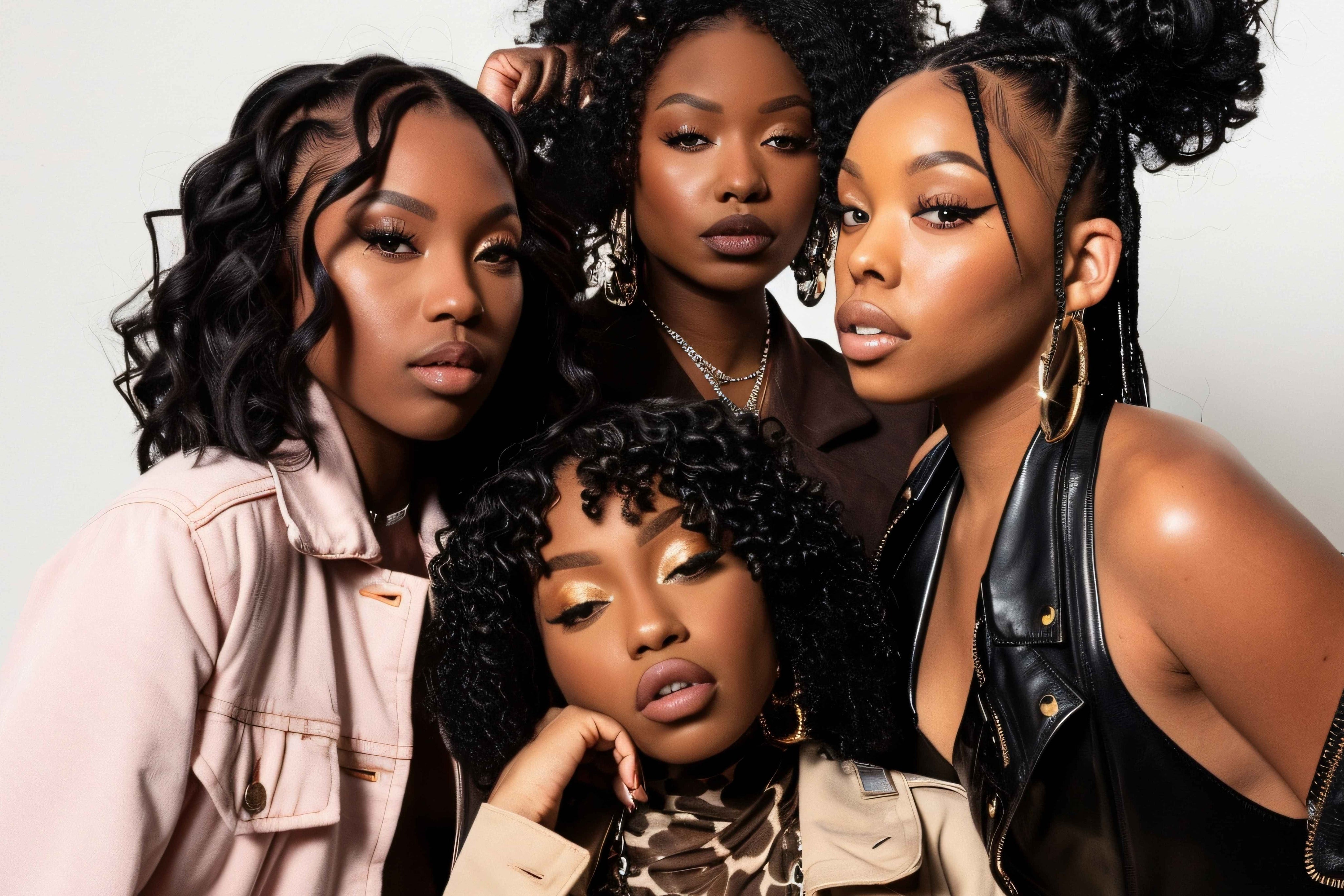 Four Black women standing together, showcasing a variety of natural hairstyles, exuding confidence and unity.