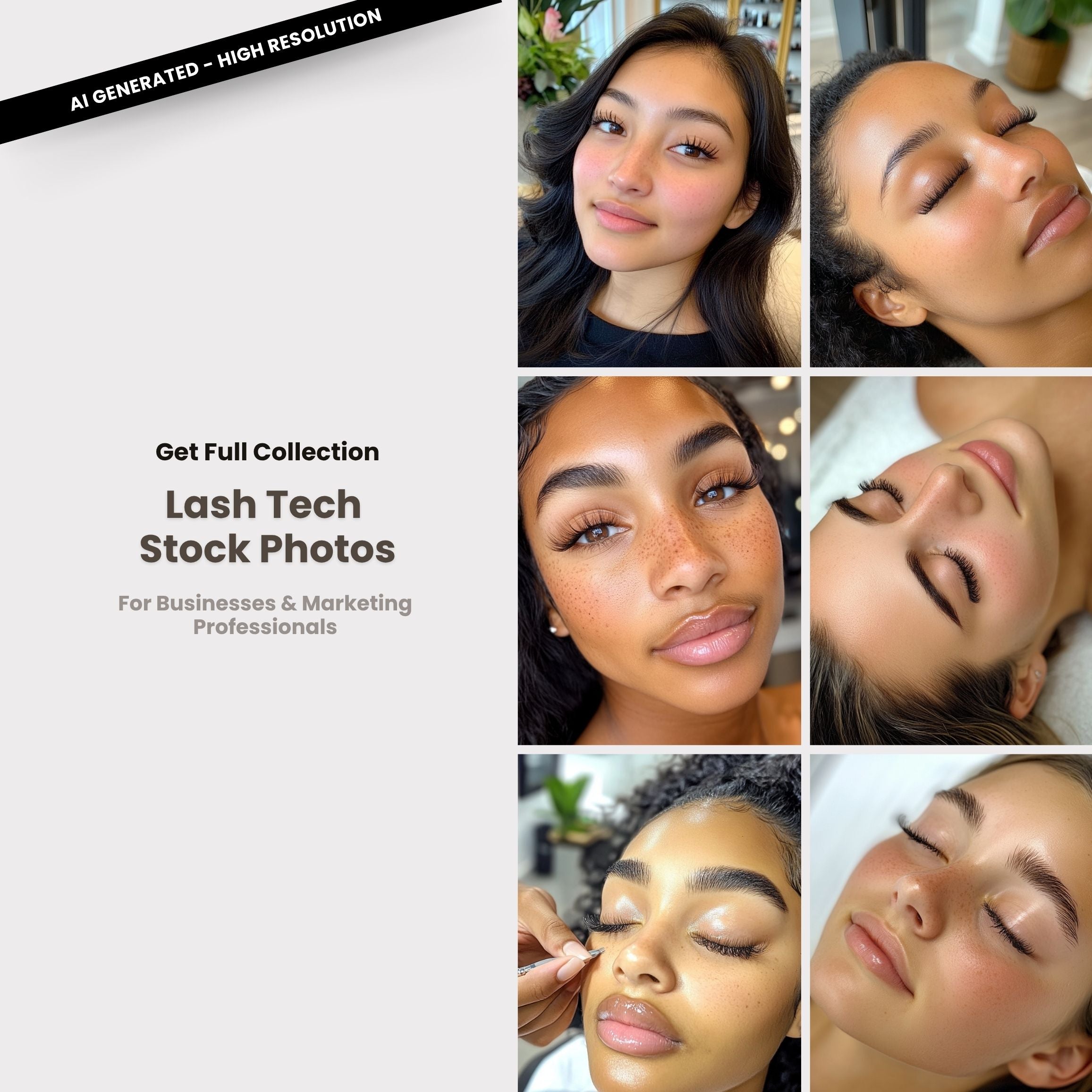 Collage of women with styled eyelashes and a promotional text overlay for lash tech stock photos.
