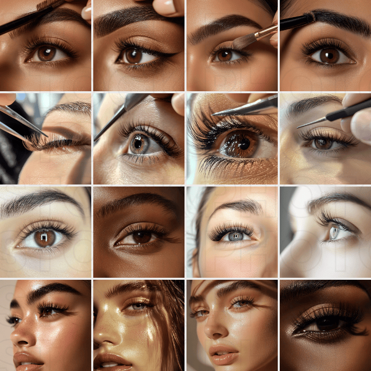 Collage of close-up shots of eyes with lash application stock photos