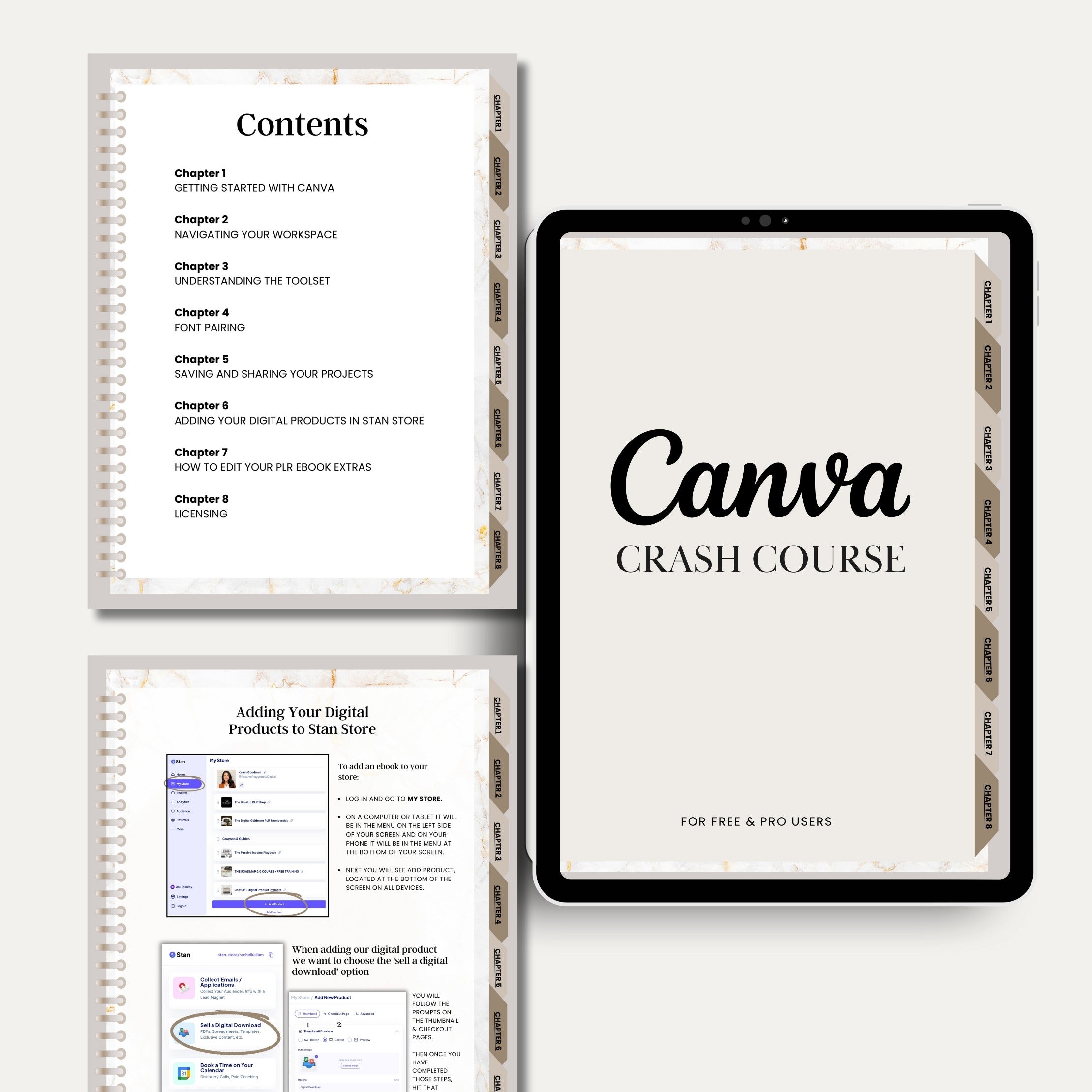 Canva Crash Course preview displayed on a tablet screen, showcasing the course layout and design tools.