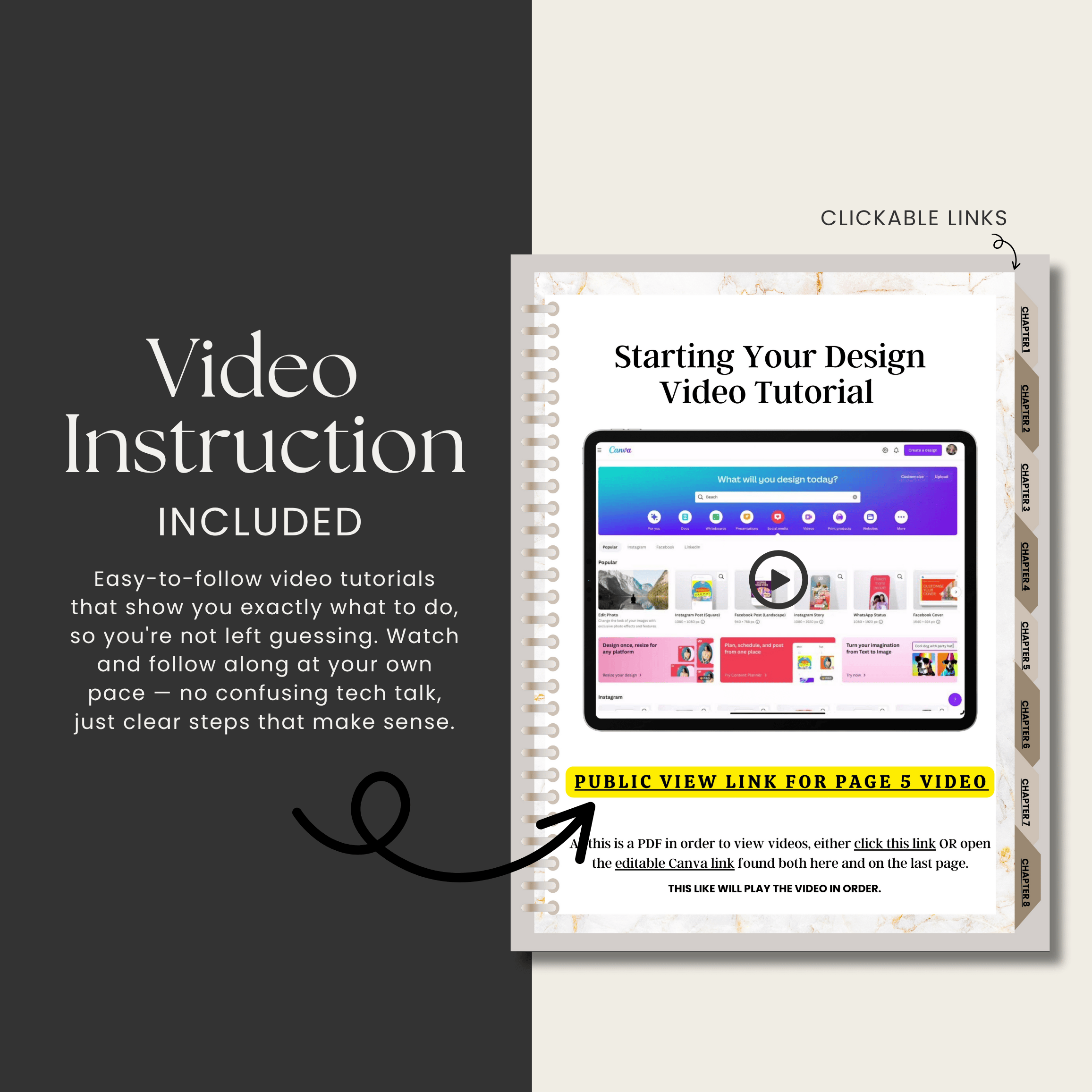 Flat lay image featuring course materials and video tutorial icons, highlighting that the product includes step-by-step video instruction.